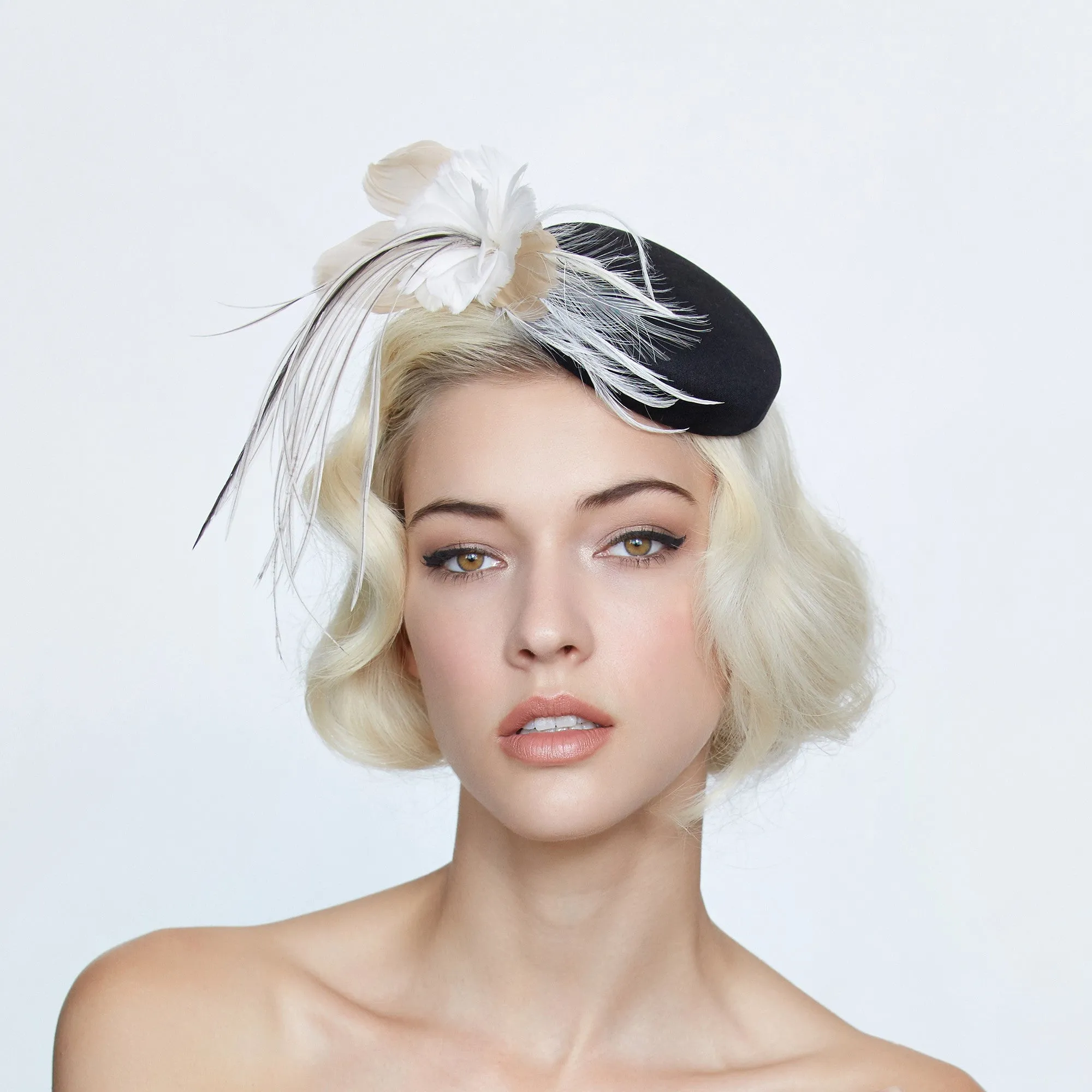 Mini Pillbox with Feather Flower, Black