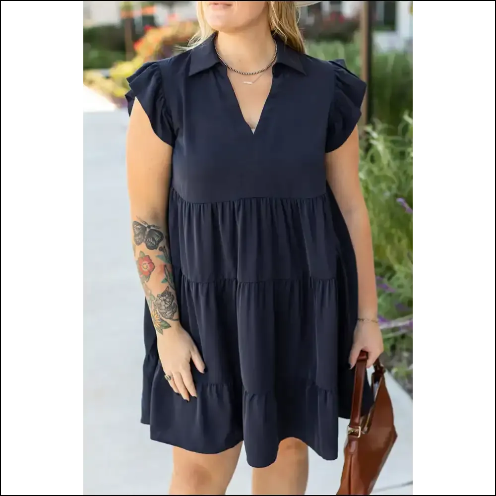 Navy Blue Flutter Sleeve Dress: Curvalicious !