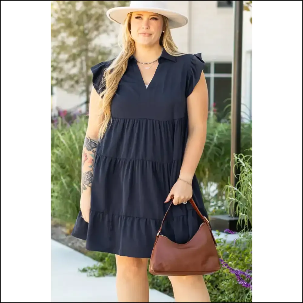 Navy Blue Flutter Sleeve Dress: Curvalicious !