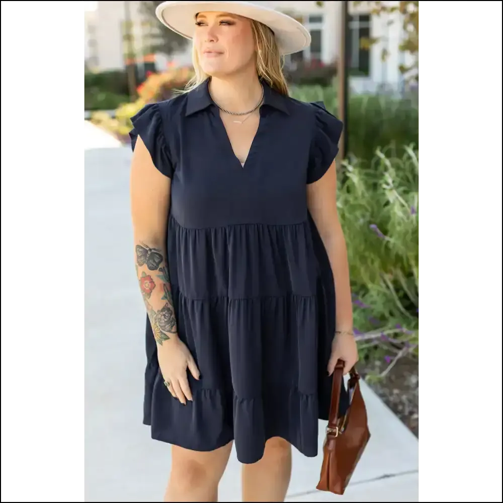 Navy Blue Flutter Sleeve Dress: Curvalicious !