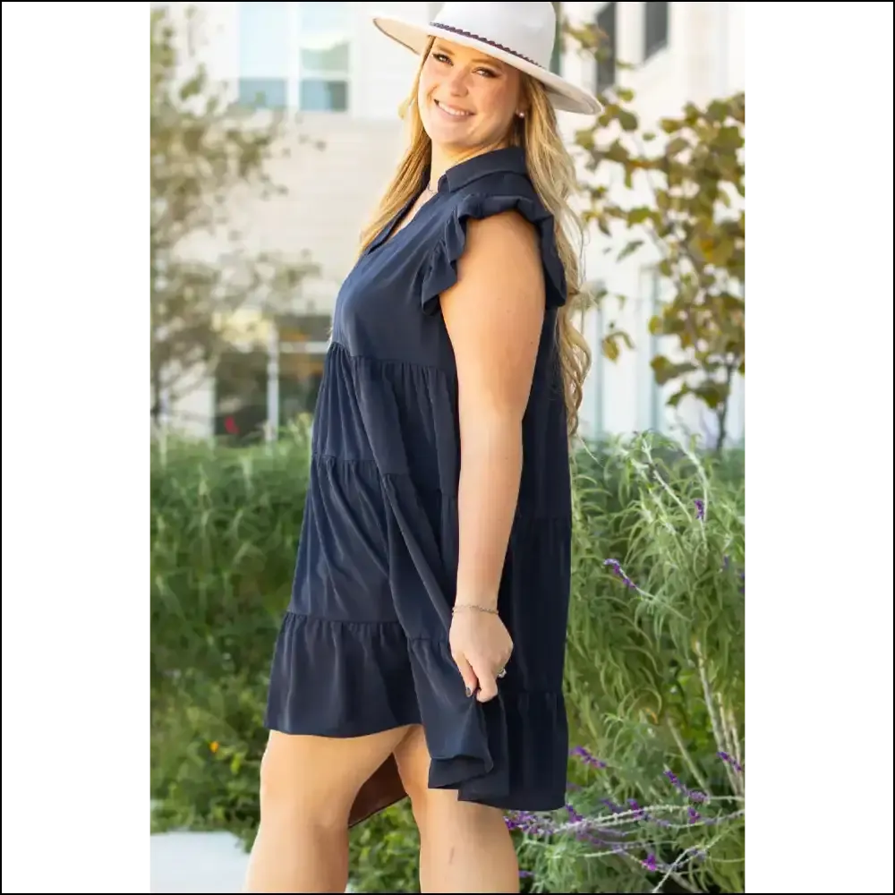 Navy Blue Flutter Sleeve Dress: Curvalicious !