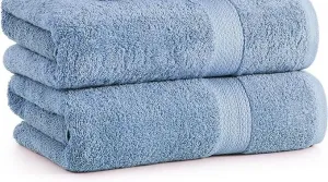 New Set of 2 Large Madison Park Organic Cotton Bath Towels in Denim Blue! 28" X 54"