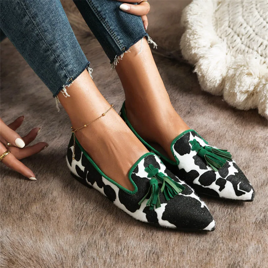 Pointed-toe Fringe Leopard Contrast Mules