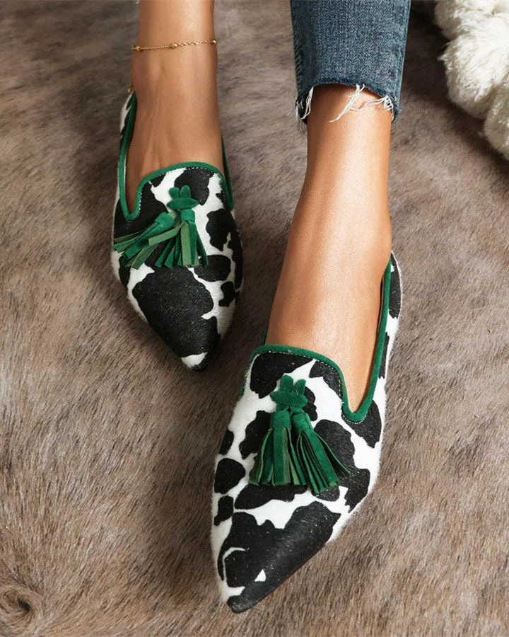 Pointed-toe Fringe Leopard Contrast Mules