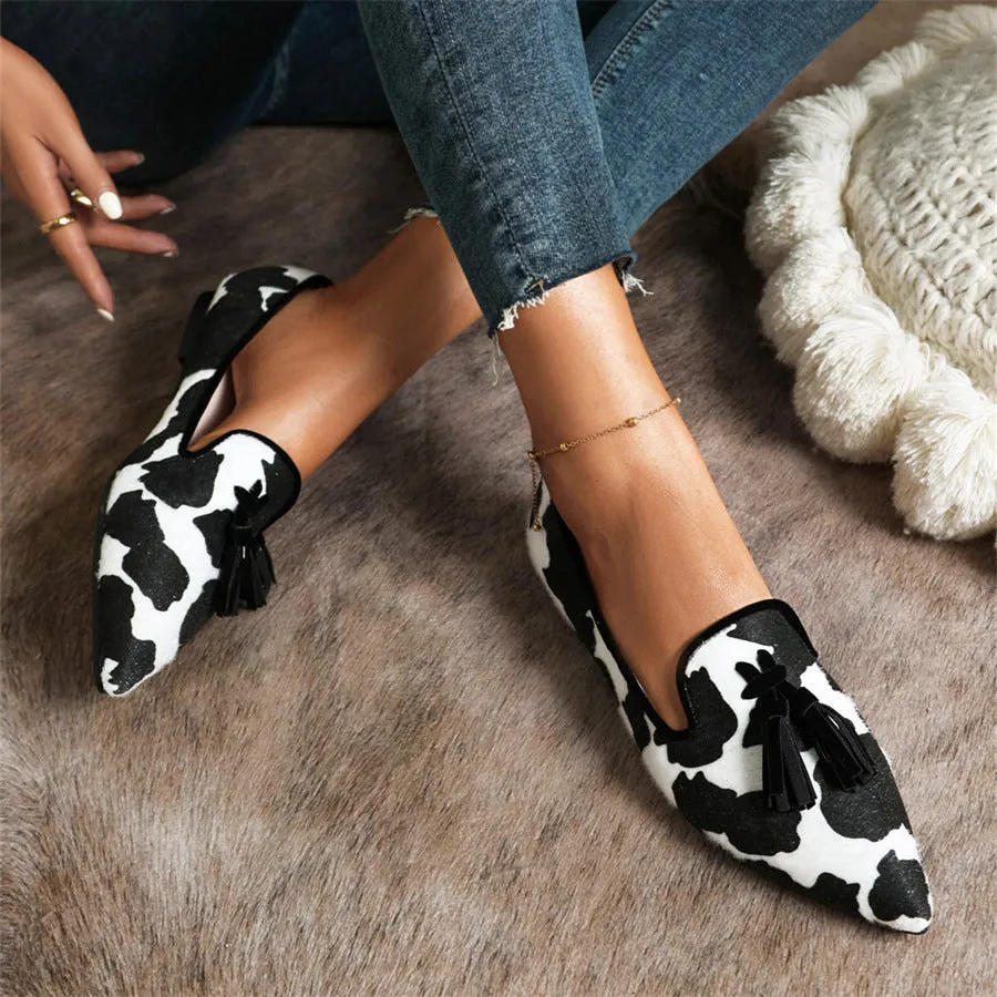 Pointed-toe Fringe Leopard Contrast Mules