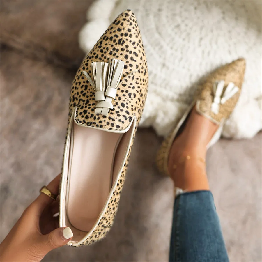 Pointed-toe Fringe Leopard Contrast Mules