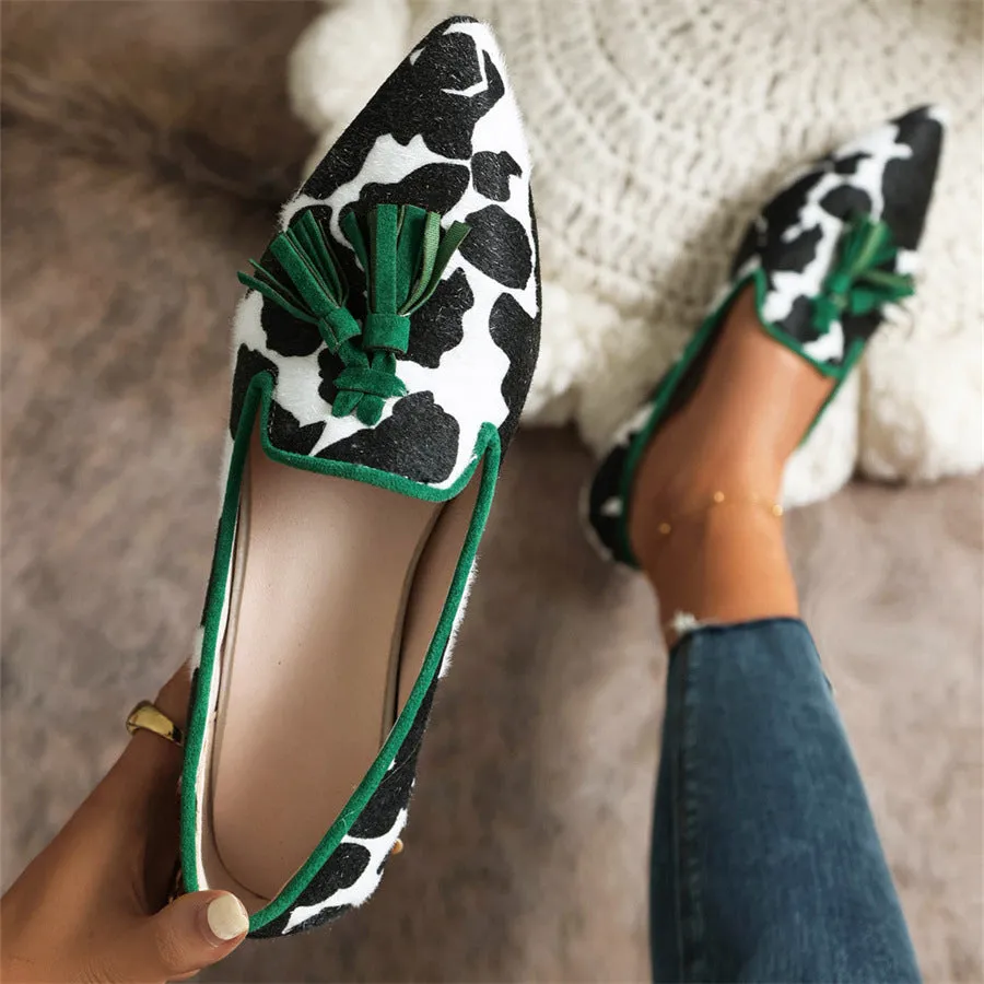 Pointed-toe Fringe Leopard Contrast Mules