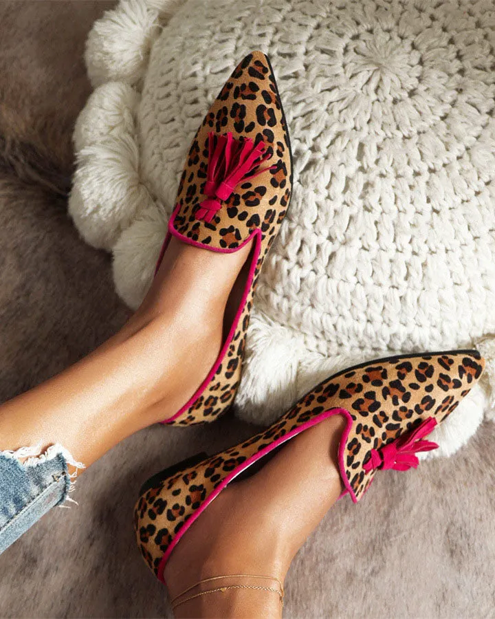 Pointed-toe Fringe Leopard Contrast Mules