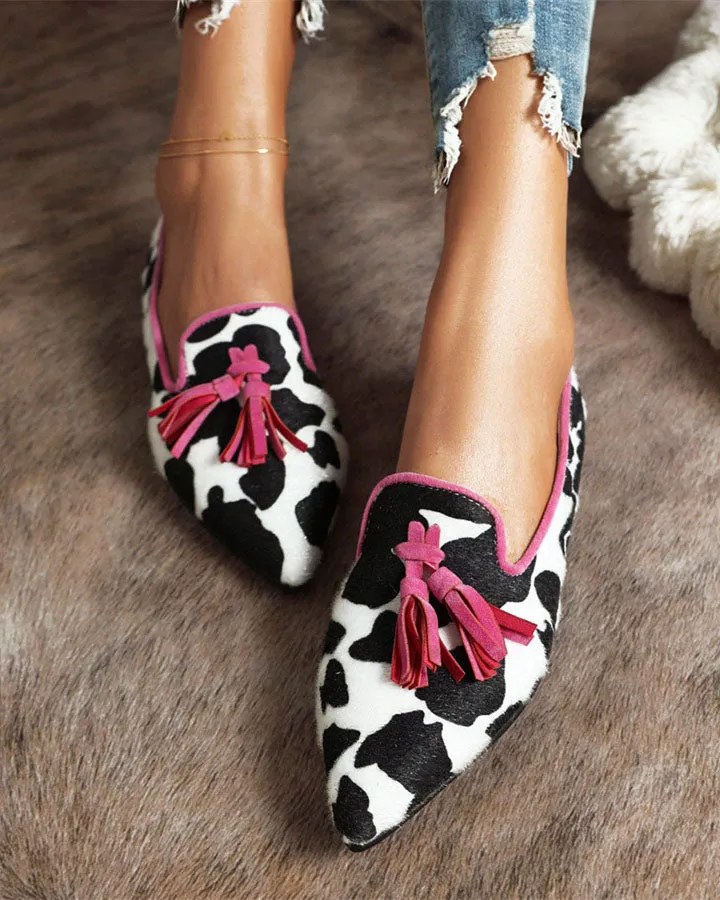 Pointed-toe Fringe Leopard Contrast Mules