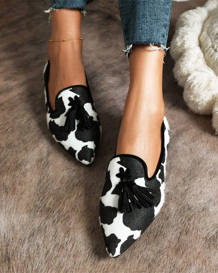 Pointed-toe Fringe Leopard Contrast Mules