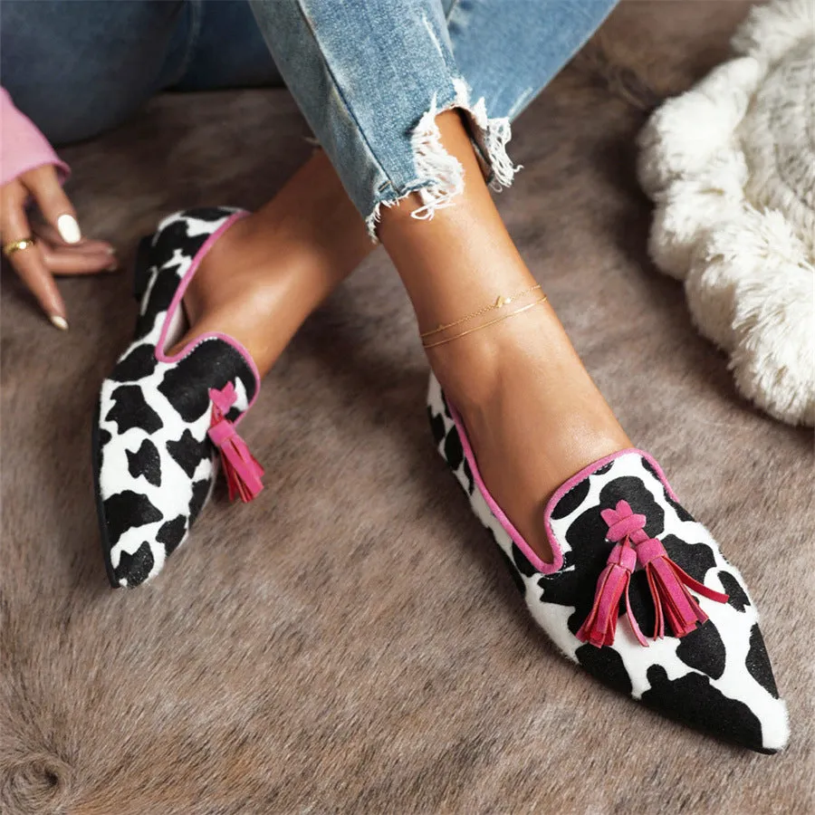 Pointed-toe Fringe Leopard Contrast Mules