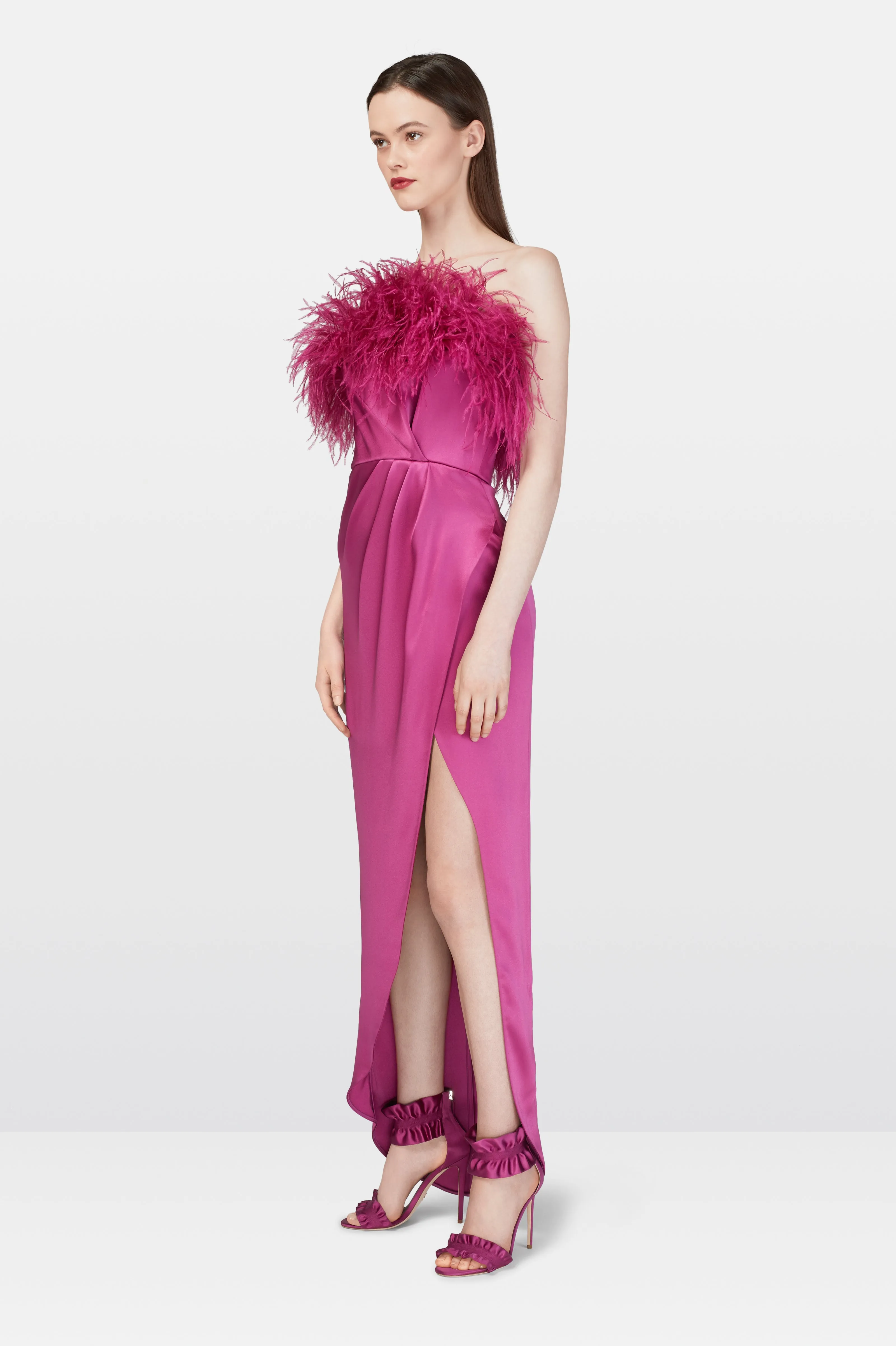 Pomegranate Double Silk Satin Feather Draped Dress