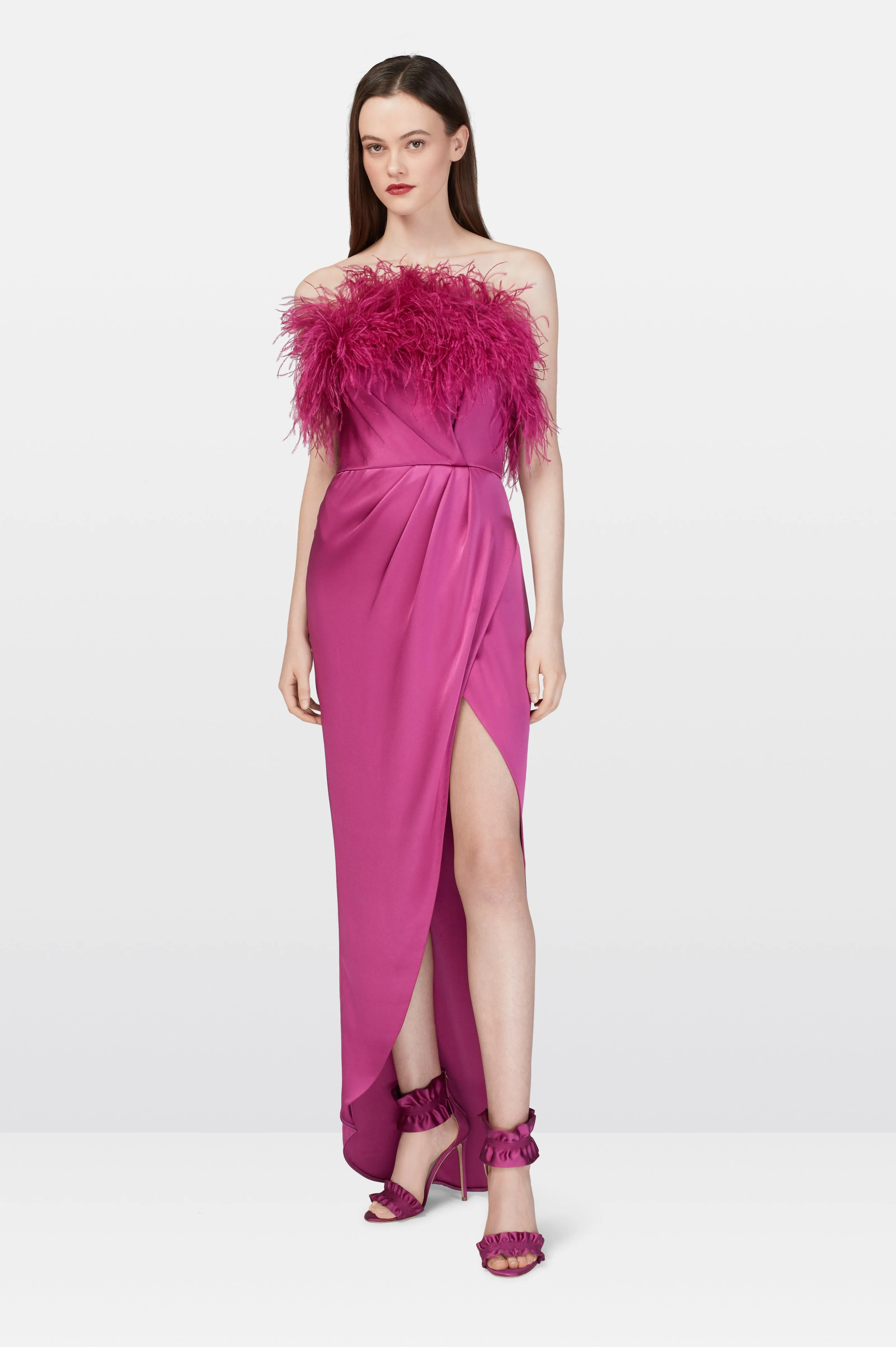 Pomegranate Double Silk Satin Feather Draped Dress
