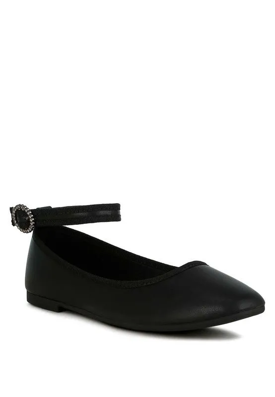 Quinlan Ankle Strap Ballet Flats - Rhinestone Buckle, Vegan Leather