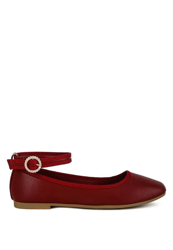 Quinlan Ankle Strap Ballet Flats - Rhinestone Buckle, Vegan Leather