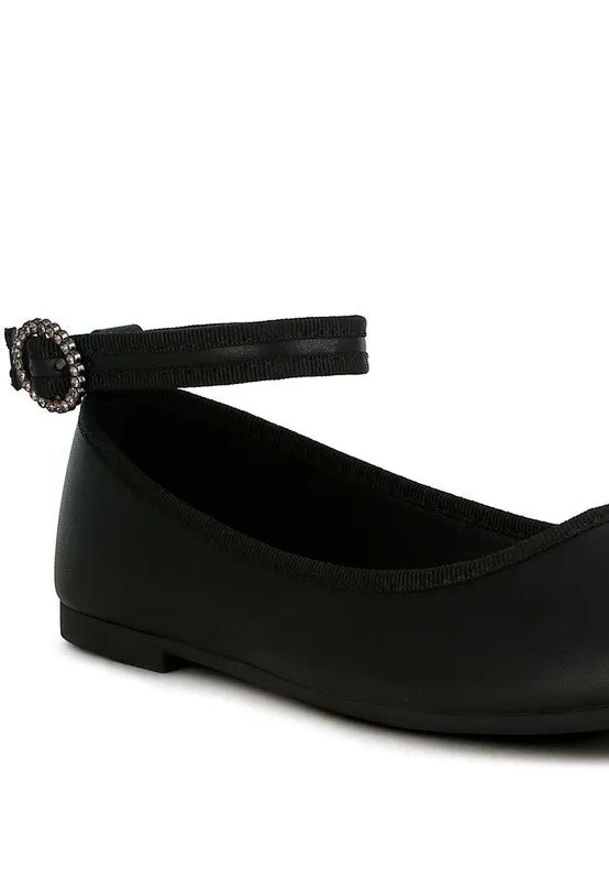 Quinlan Ankle Strap Ballet Flats - Rhinestone Buckle, Vegan Leather