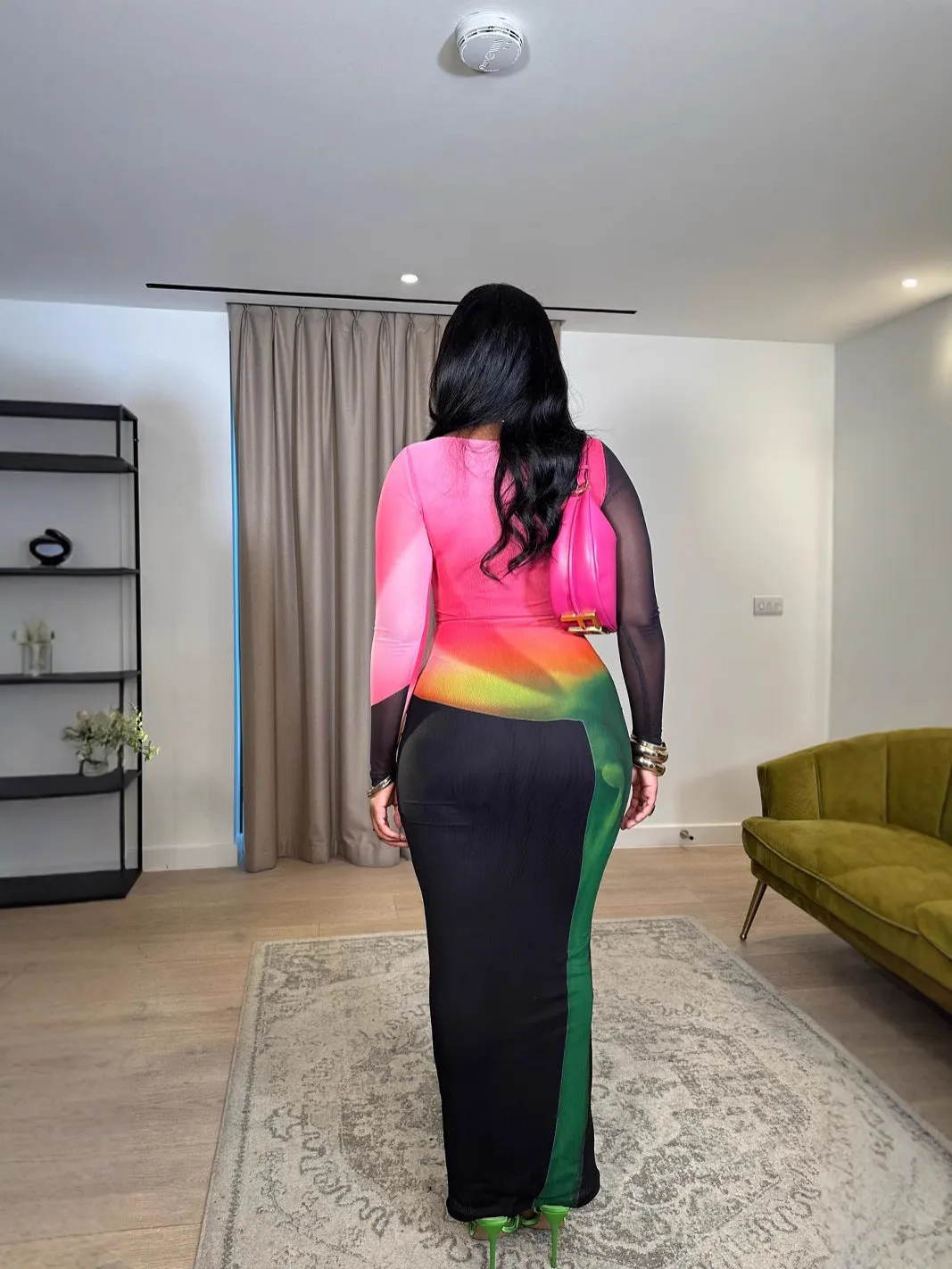 Radiant Mesh Illusion Long Sleeve Colorblock Maxi Dress