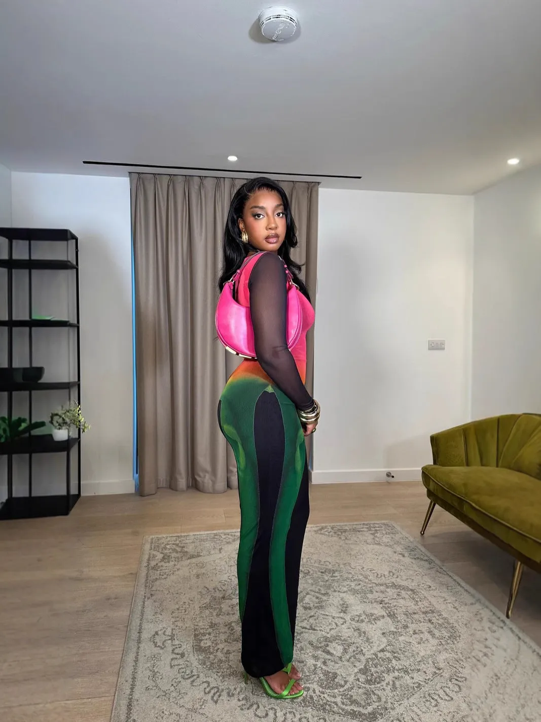 Radiant Mesh Illusion Long Sleeve Colorblock Maxi Dress