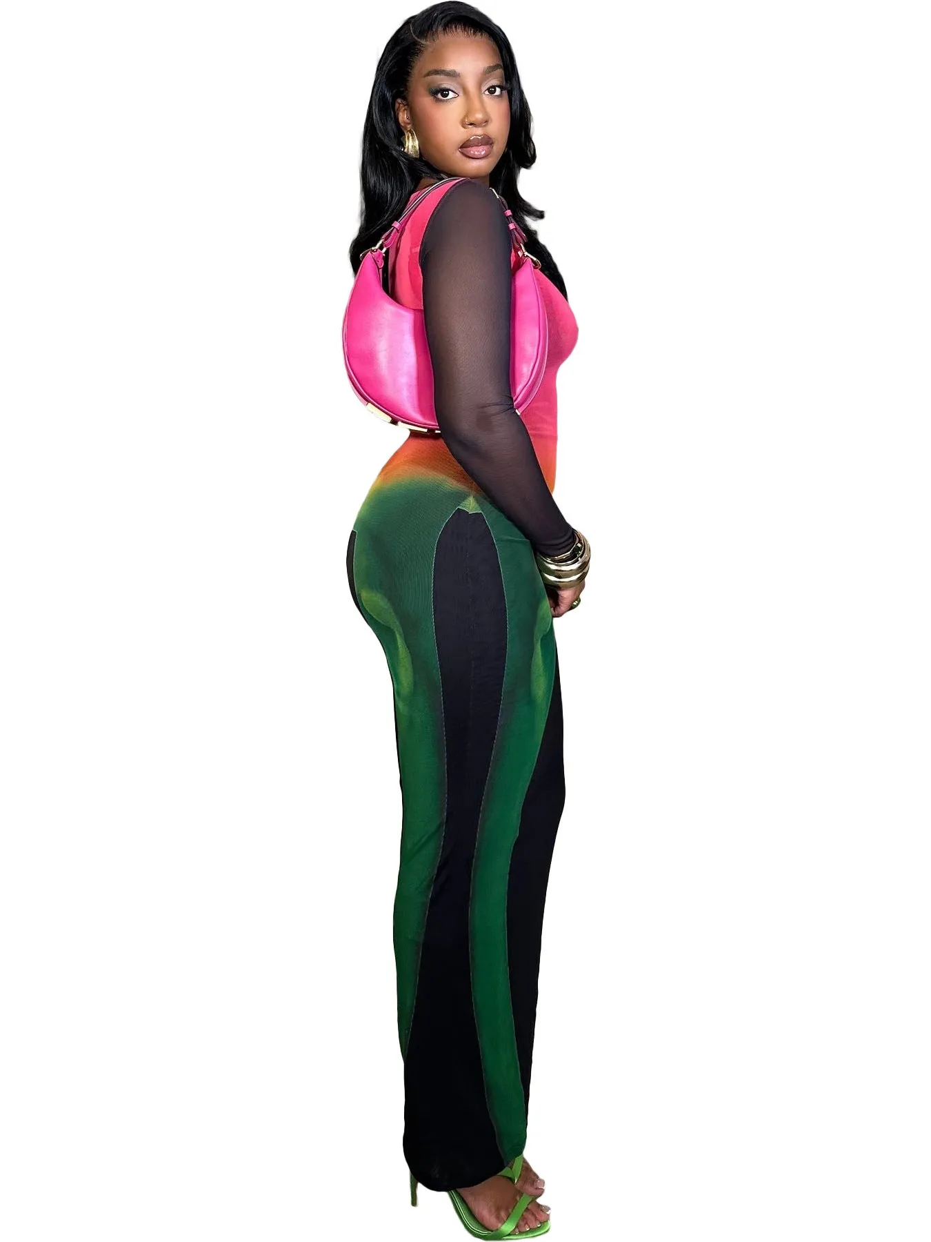 Radiant Mesh Illusion Long Sleeve Colorblock Maxi Dress