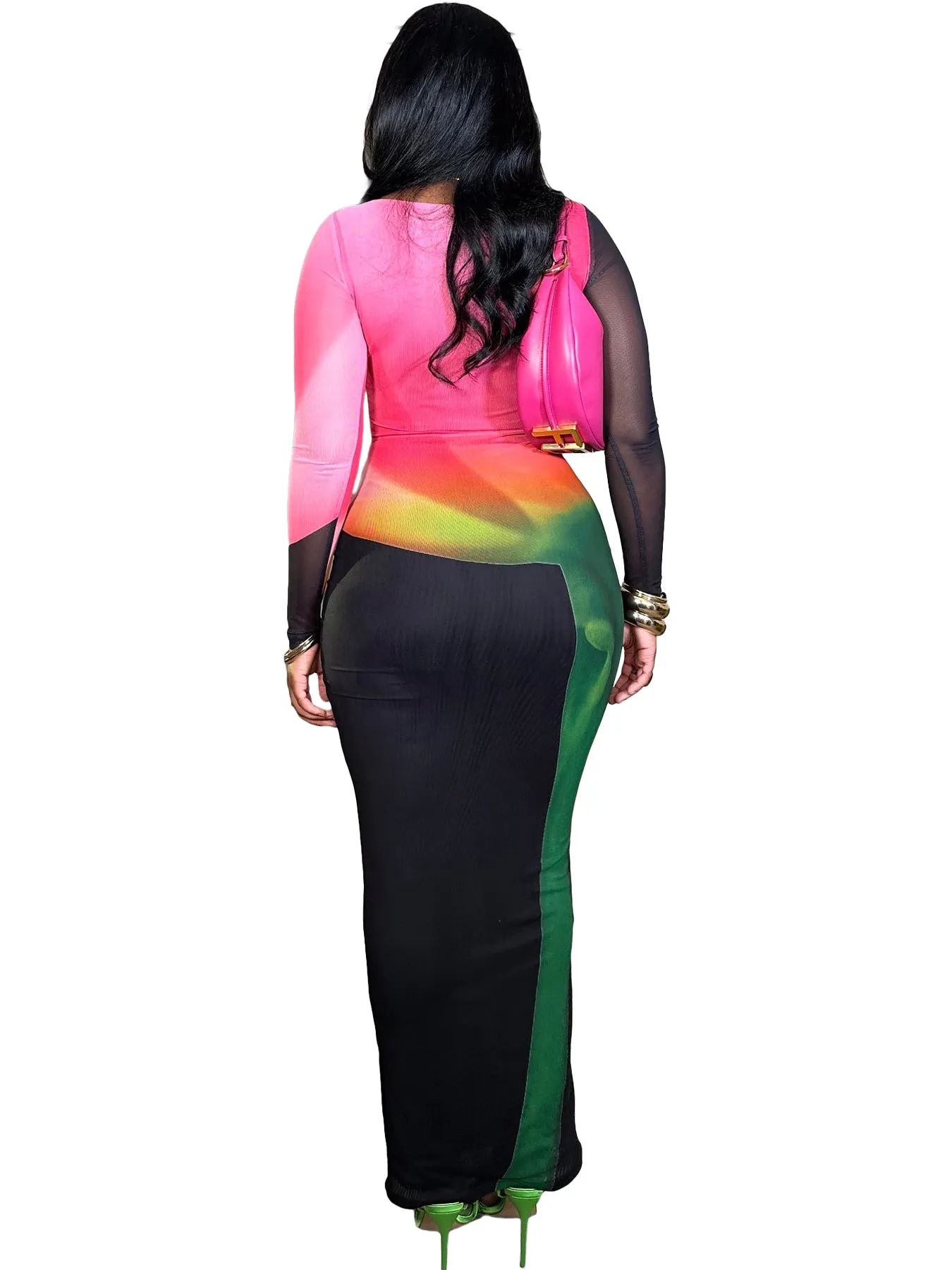 Radiant Mesh Illusion Long Sleeve Colorblock Maxi Dress