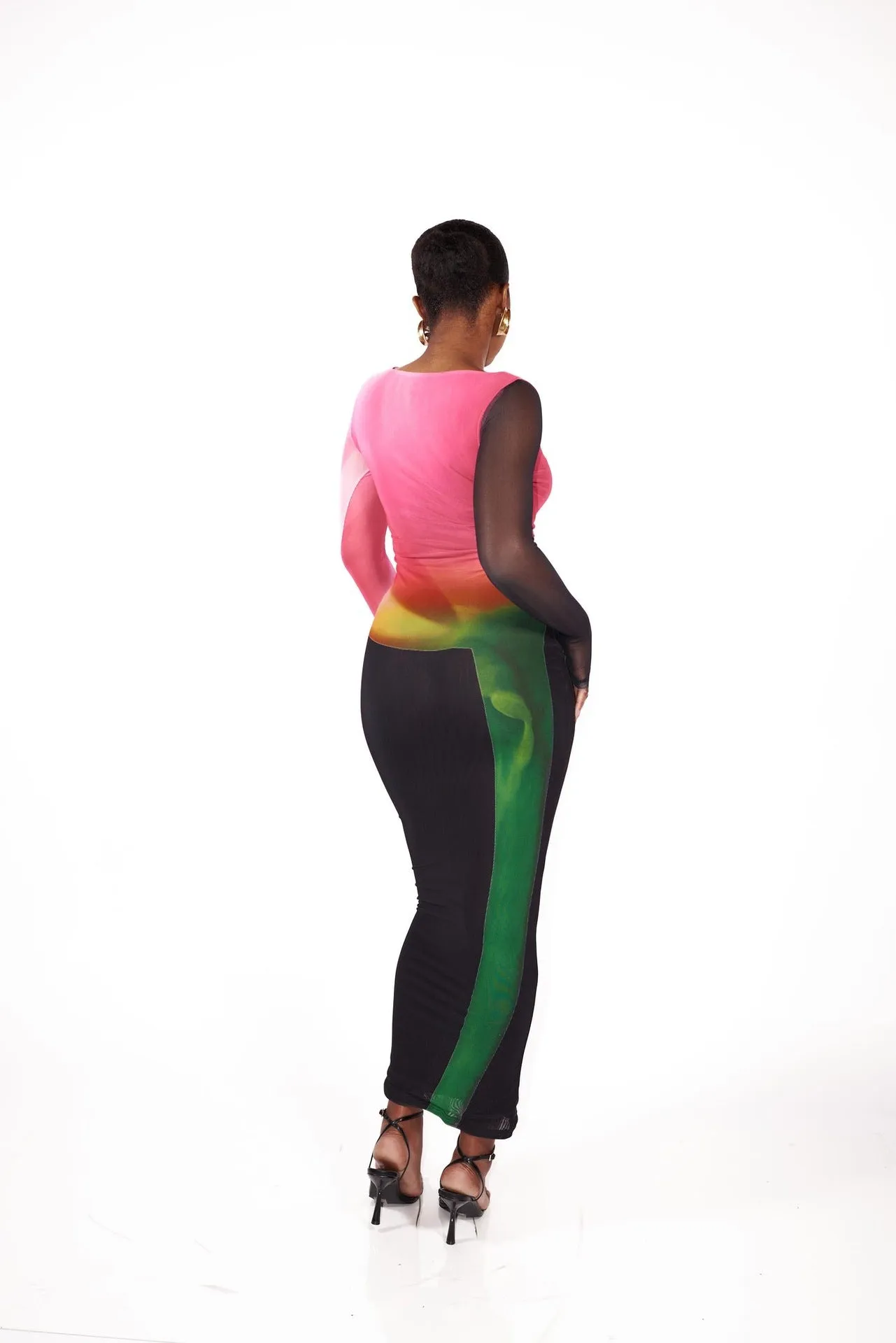 Radiant Mesh Illusion Long Sleeve Colorblock Maxi Dress