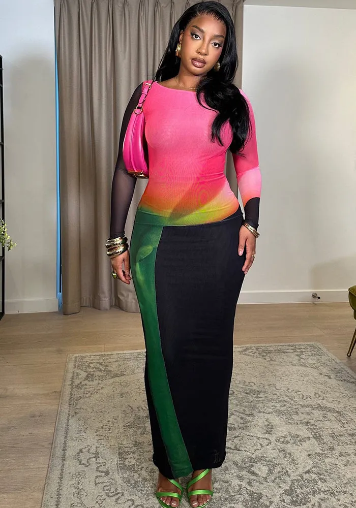Radiant Mesh Illusion Long Sleeve Colorblock Maxi Dress