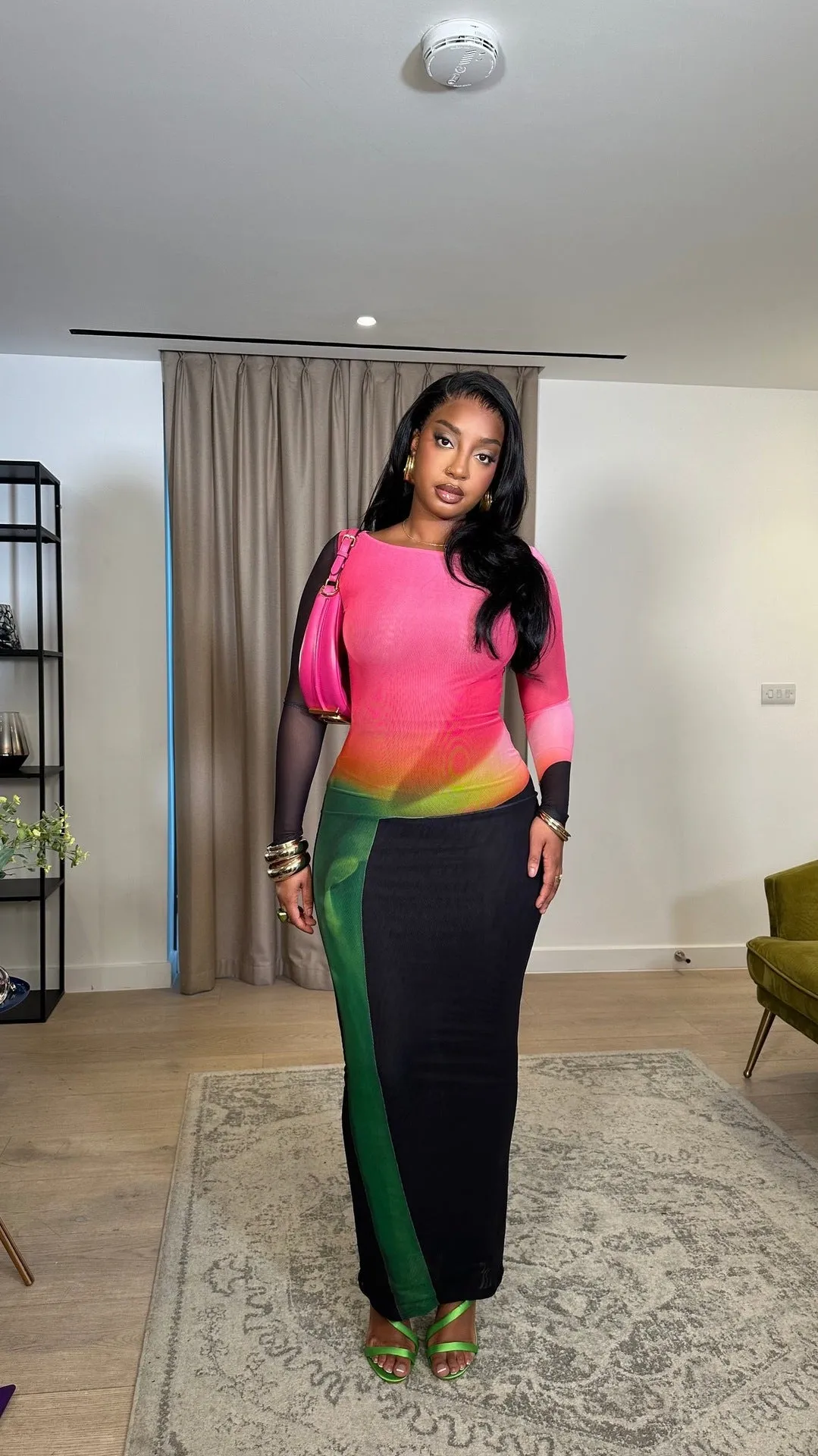 Radiant Mesh Illusion Long Sleeve Colorblock Maxi Dress