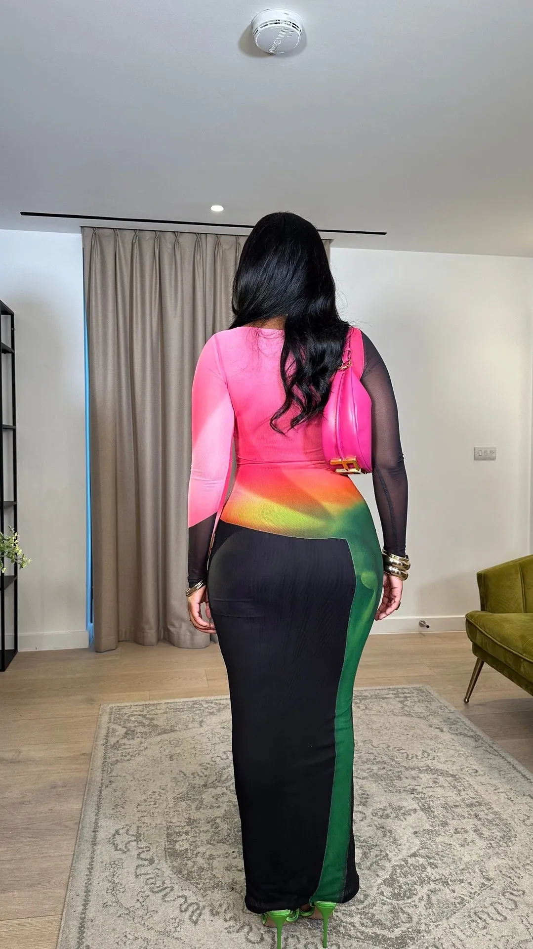 Radiant Mesh Illusion Long Sleeve Colorblock Maxi Dress
