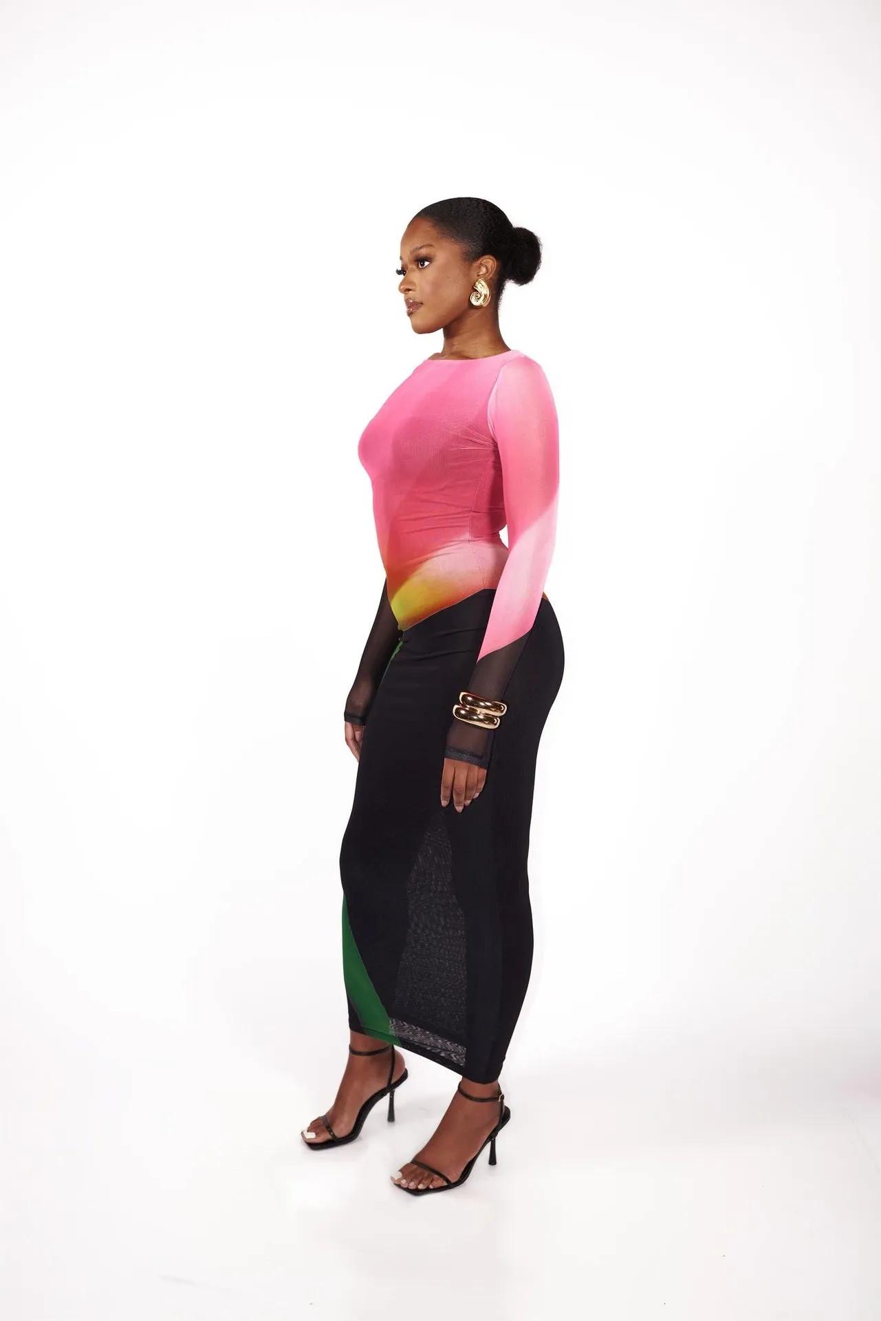 Radiant Mesh Illusion Long Sleeve Colorblock Maxi Dress