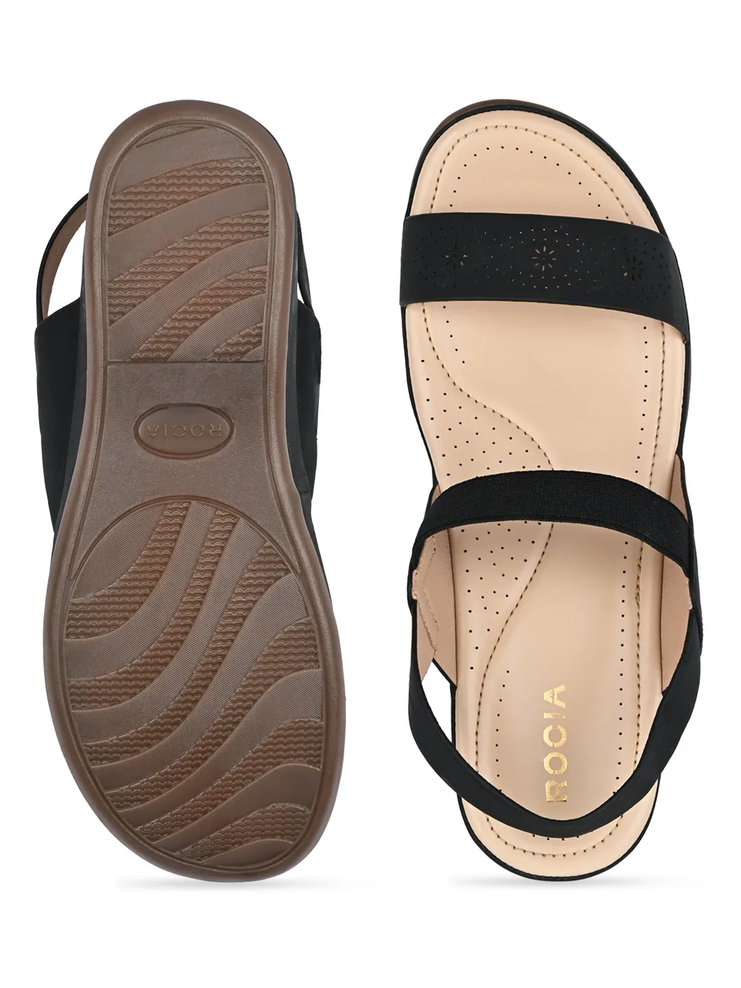 Rocia By Regal Black Women Laser Cut Comfort Sandals