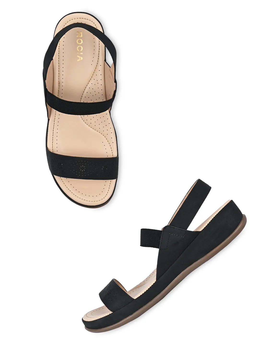 Rocia By Regal Black Women Laser Cut Comfort Sandals