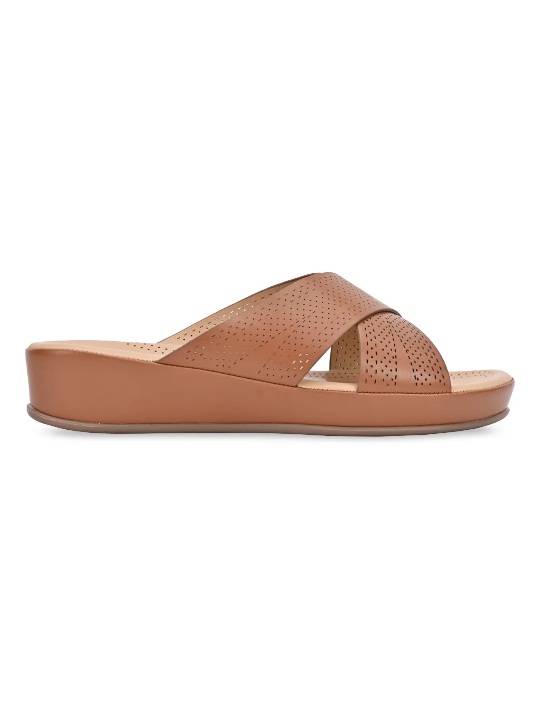 Rocia By Regal Tan Women Comfort Laser Cut Cross Strap Flats