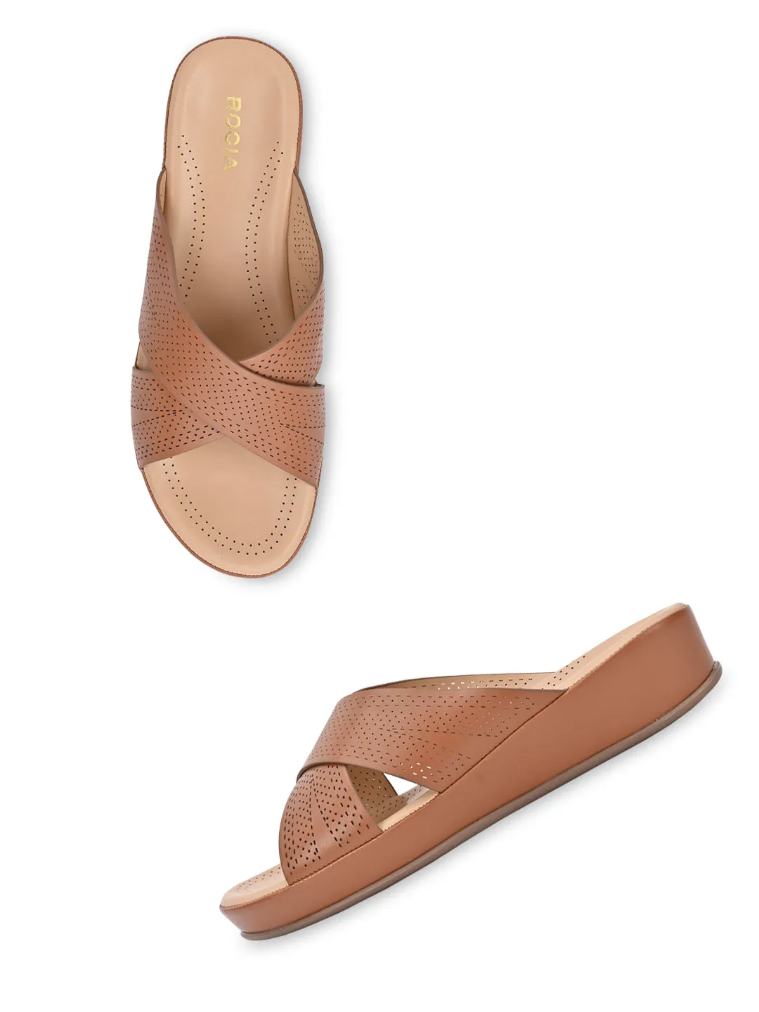 Rocia By Regal Tan Women Comfort Laser Cut Cross Strap Flats
