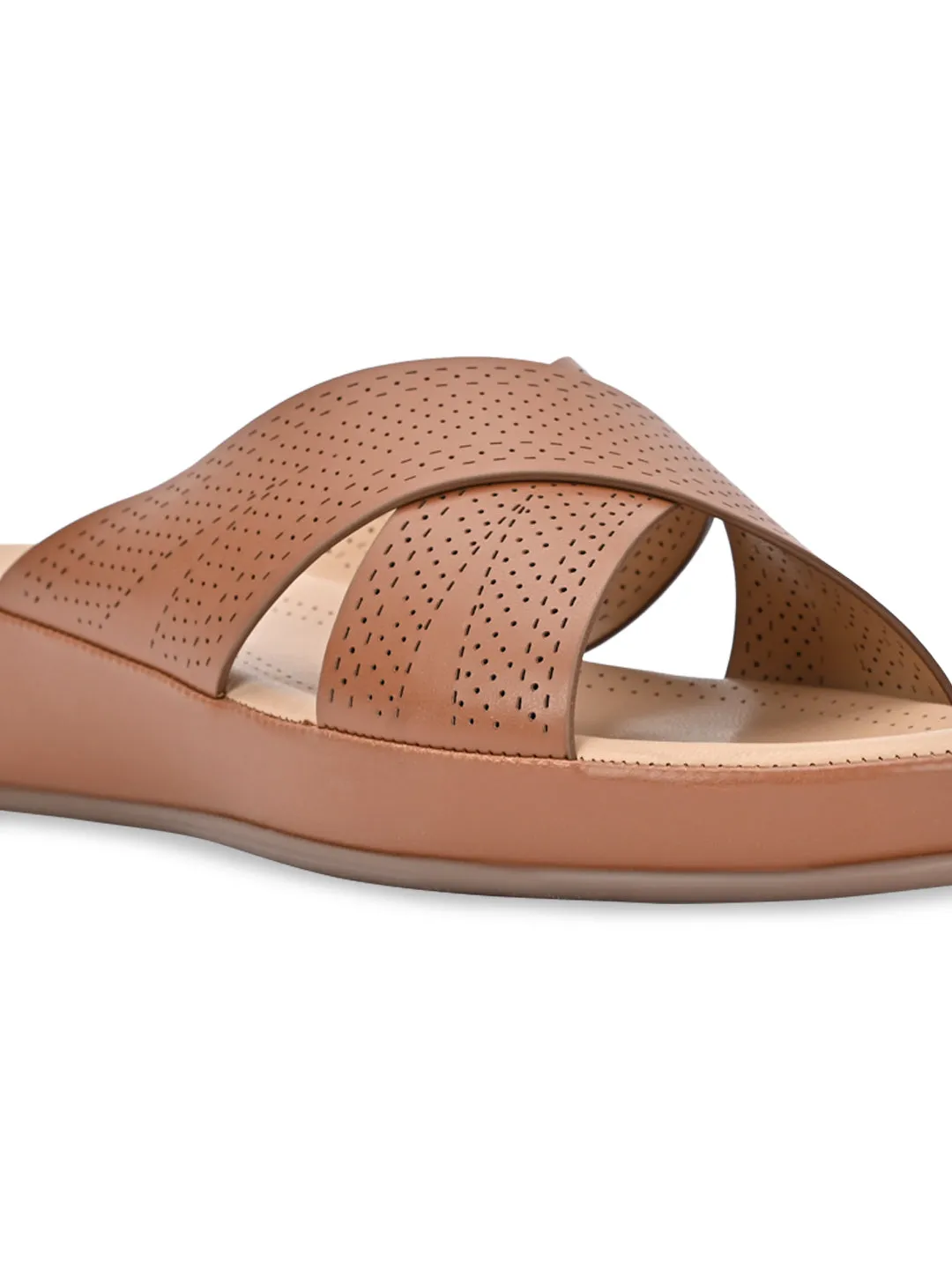 Rocia By Regal Tan Women Comfort Laser Cut Cross Strap Flats