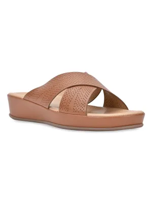 Rocia By Regal Tan Women Comfort Laser Cut Cross Strap Flats