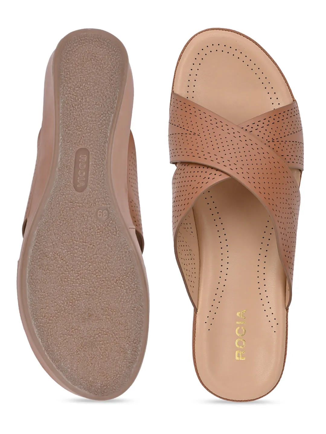 Rocia By Regal Tan Women Comfort Laser Cut Cross Strap Flats