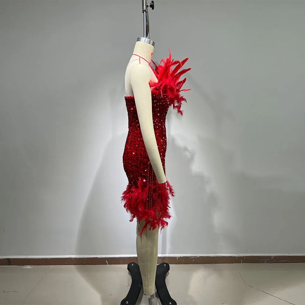 Strapless Sleeveless Feather Mini Bodycon Dress HT10150