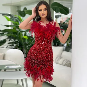 Strapless Sleeveless Feather Mini Bodycon Dress HT10150