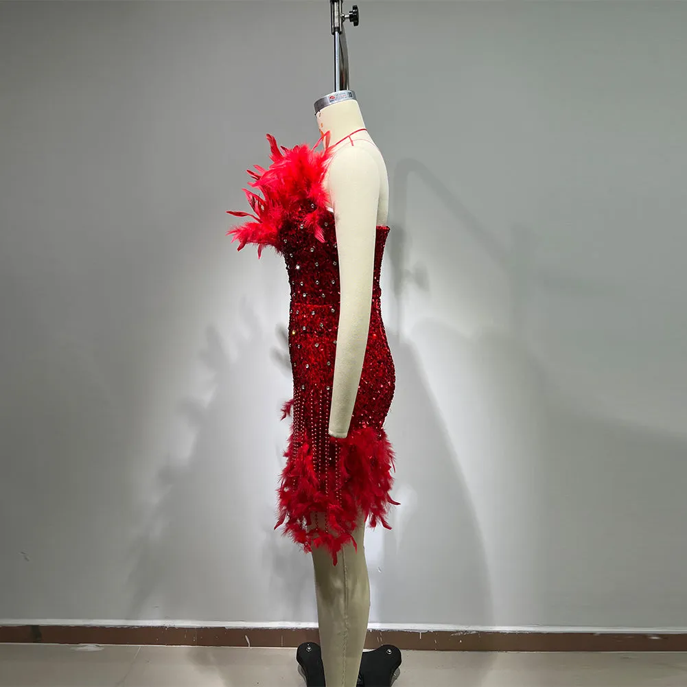 Strapless Sleeveless Feather Mini Bodycon Dress HT10150