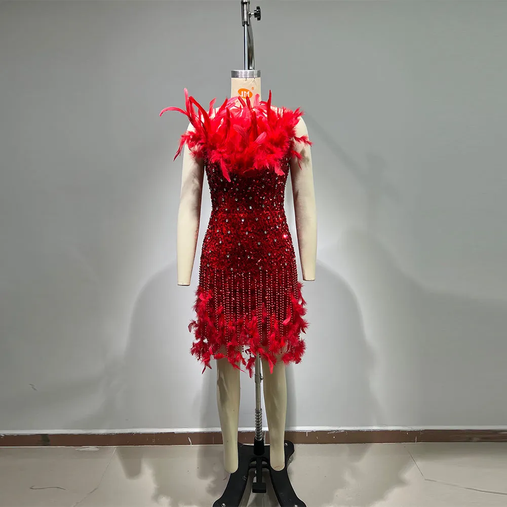 Strapless Sleeveless Feather Mini Bodycon Dress HT10150