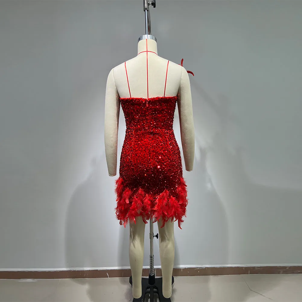 Strapless Sleeveless Feather Mini Bodycon Dress HT10150