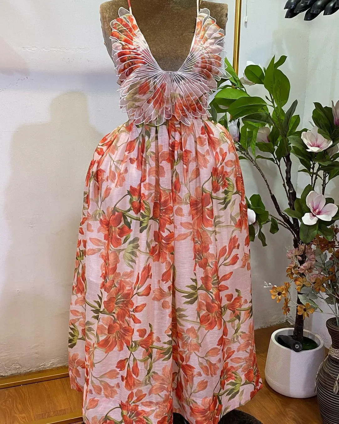 Tropical Halter Neck Backless Floral Maxi Dress with Feather Detail
