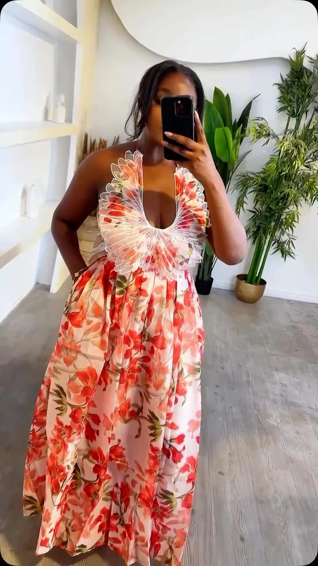 Tropical Halter Neck Backless Floral Maxi Dress with Feather Detail