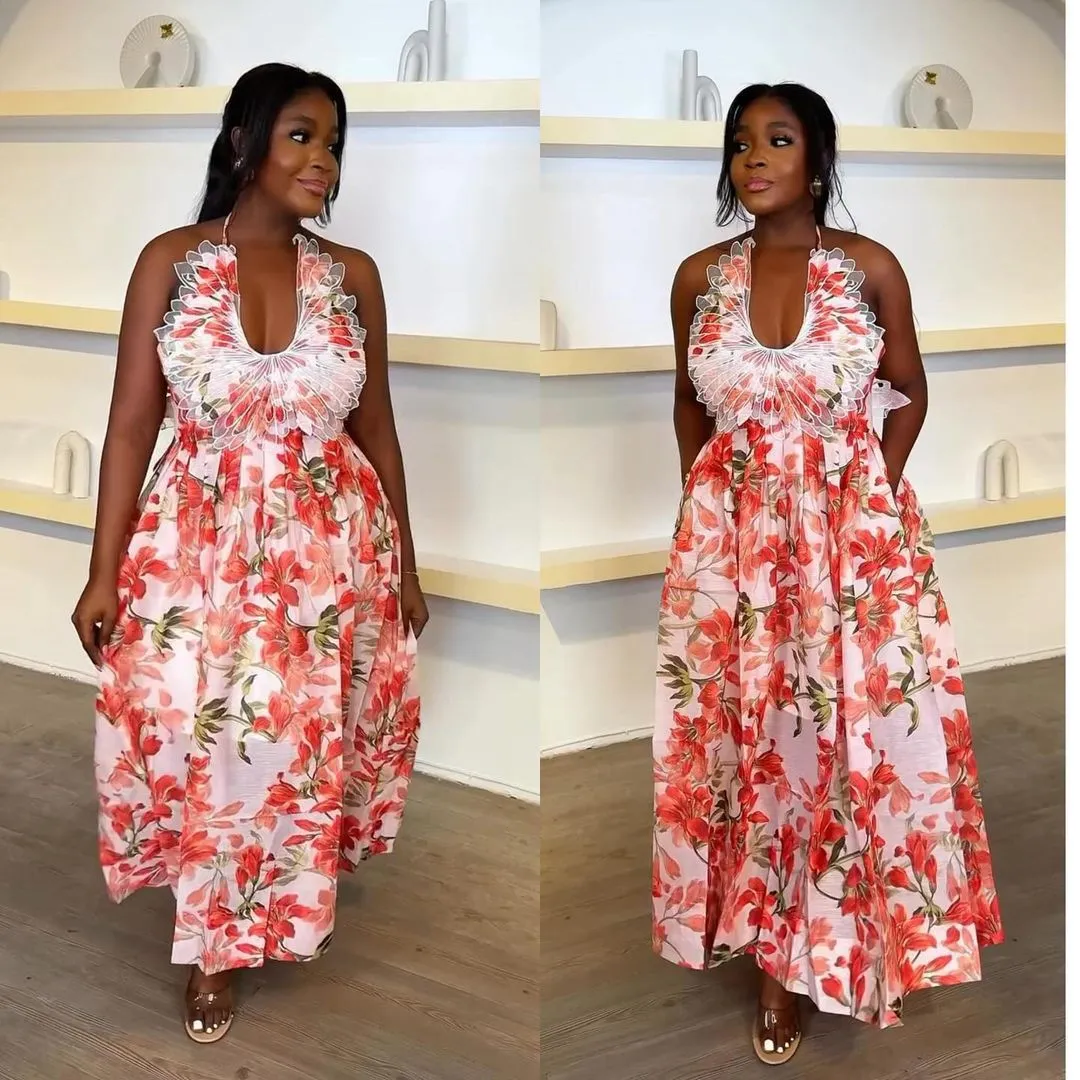 Tropical Halter Neck Backless Floral Maxi Dress with Feather Detail