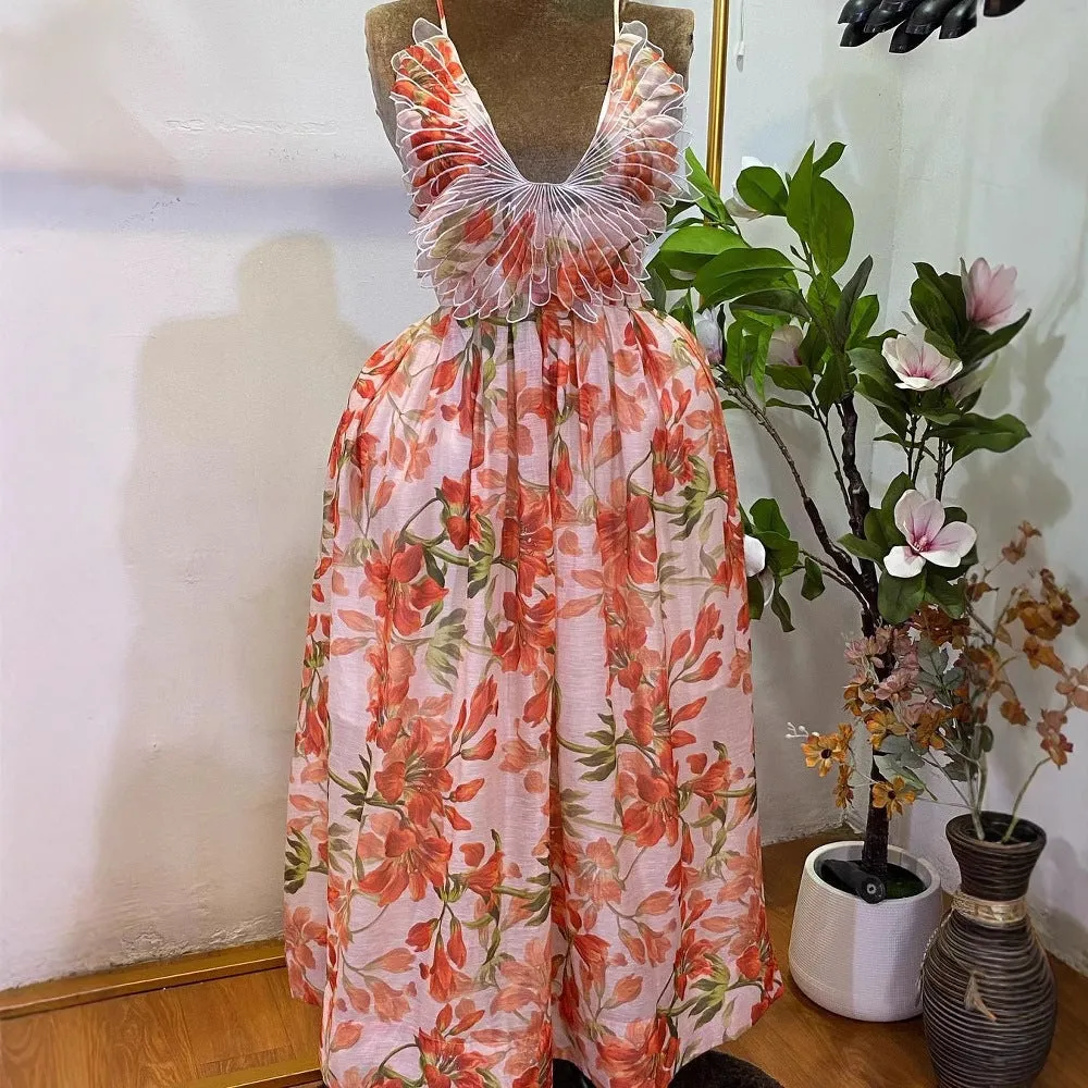 Tropical Halter Neck Backless Floral Maxi Dress with Feather Detail