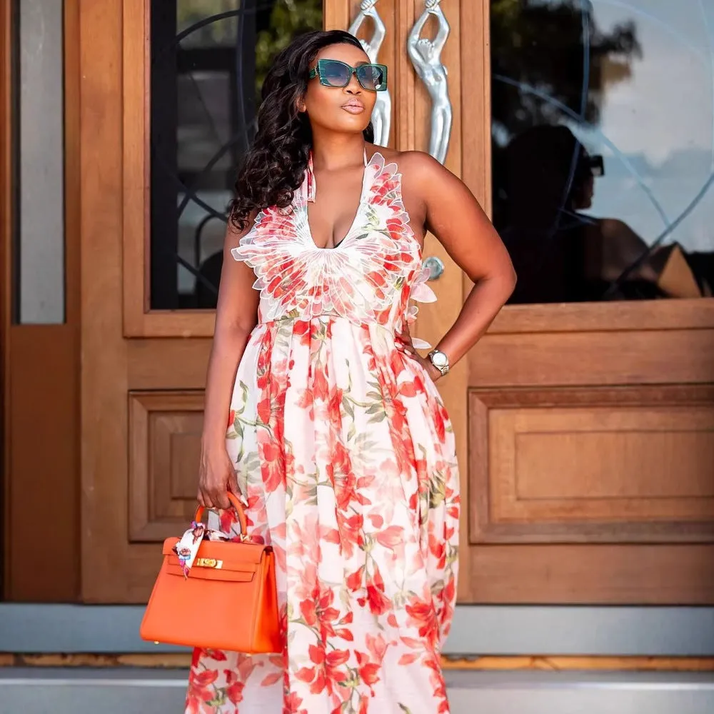 Tropical Halter Neck Backless Floral Maxi Dress with Feather Detail