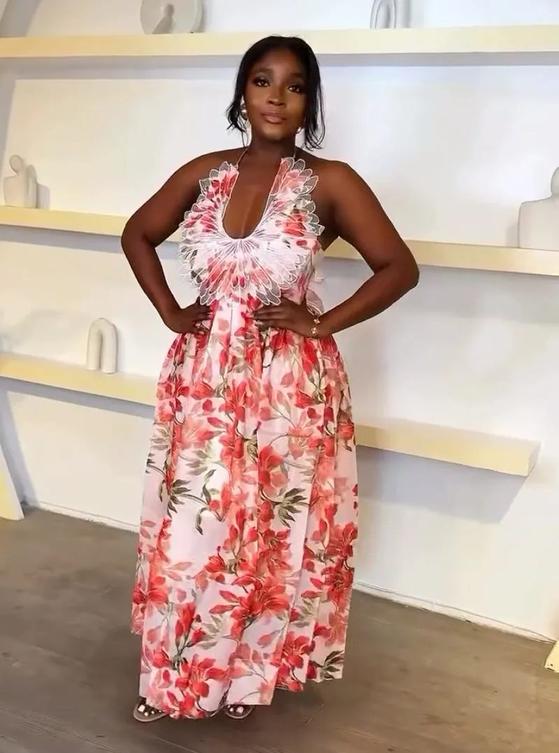 Tropical Halter Neck Backless Floral Maxi Dress with Feather Detail
