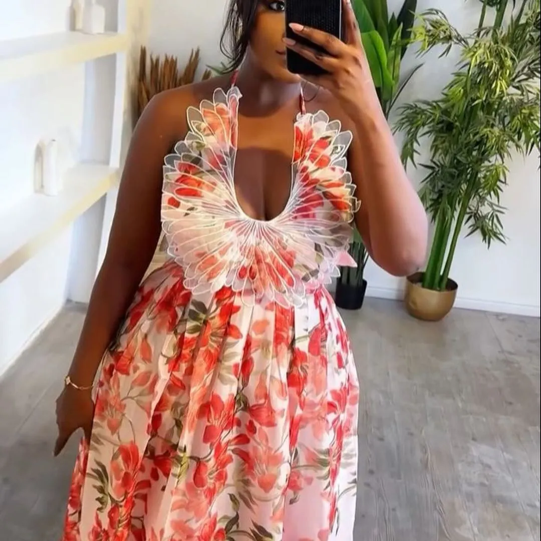 Tropical Halter Neck Backless Floral Maxi Dress with Feather Detail