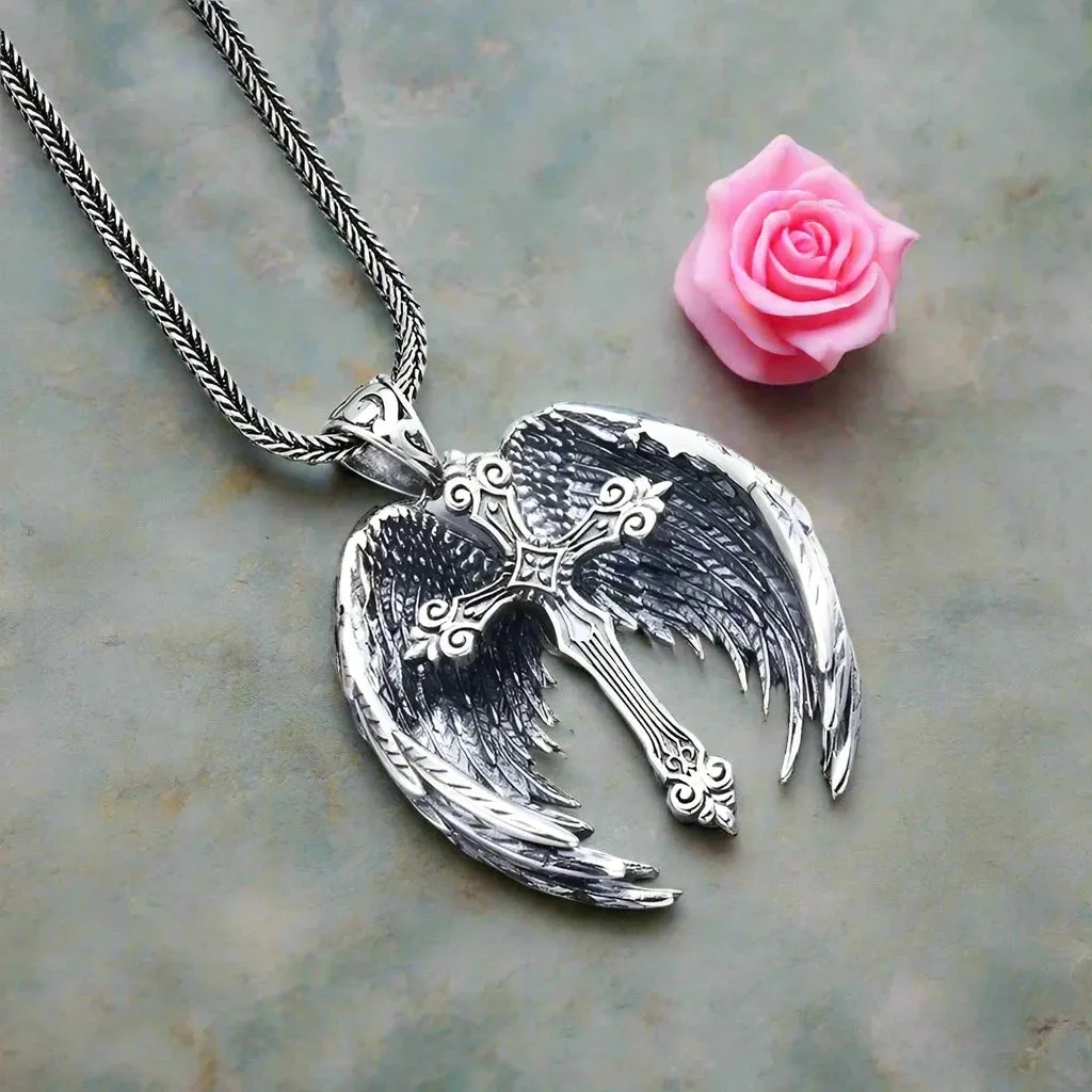 Vintage Cross Feather Wings Necklace