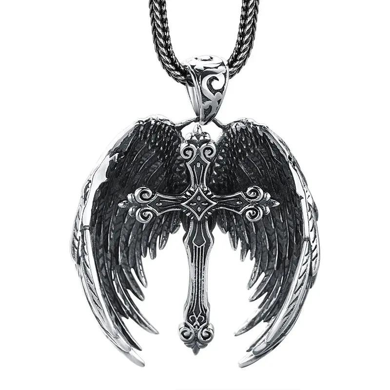 Vintage Cross Feather Wings Necklace